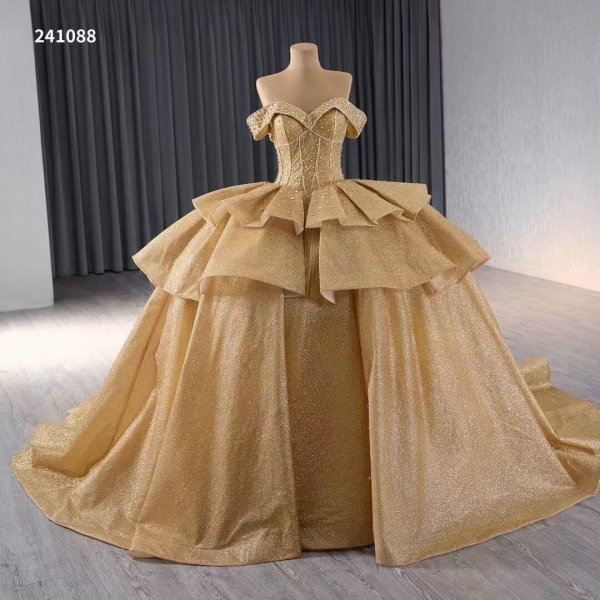 Luxury Model Gold A Line Long Prom Dress Formal Evening Dress 241088