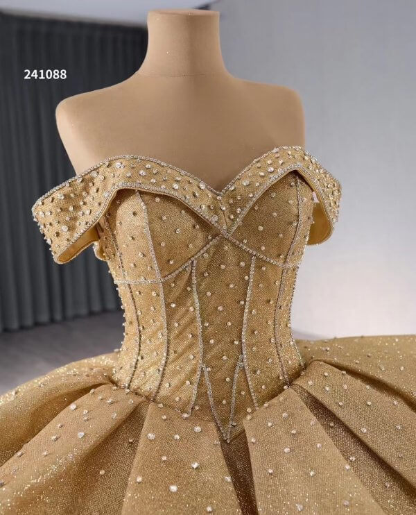 Luxury Model Gold A Line Long Prom Dress Formal Evening Dress 241088