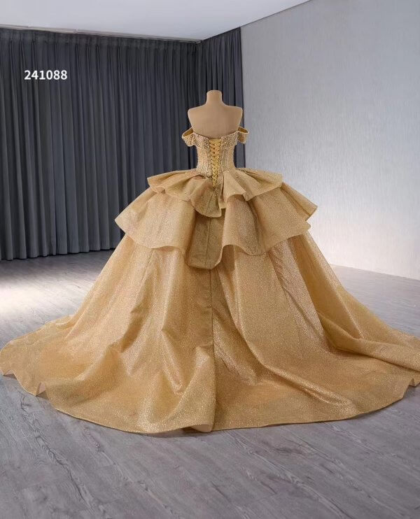 Luxury Model Gold A Line Long Prom Dress Formal Evening Dress 241088