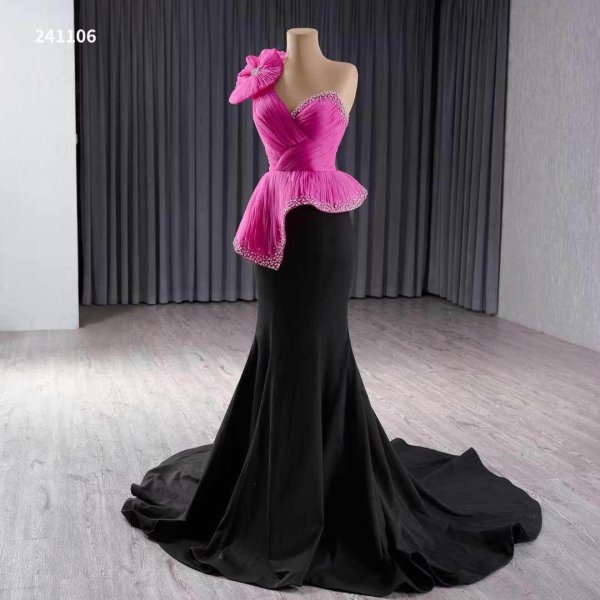 luxury model hot pink black mermaid evening dress party gown