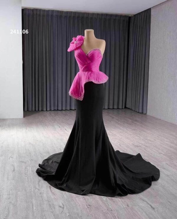 luxury model hot pink black mermaid evening dress party gown