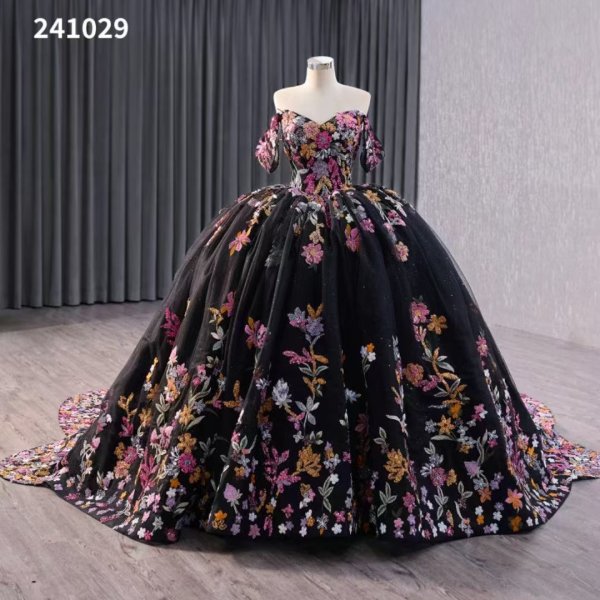 luxury model flower black sweep strain ball gown quinceanera dress 241029