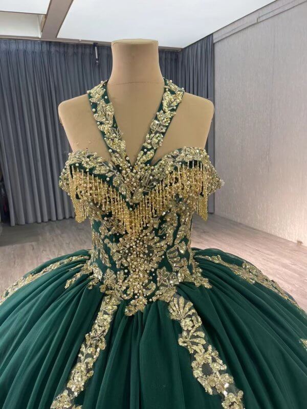 Luxury Model Green Ball Gown Gold Applique Quinceanera Dress 241045