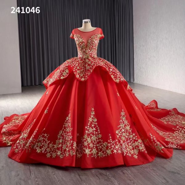 luxury model ball gown gold applique prom dress quinceanera dress 241046