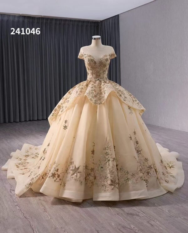 luxury model ball gown gold applique prom dress quinceanera dress 241046