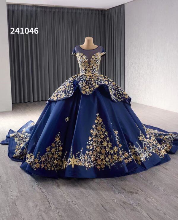 luxury model ball gown gold applique prom dress quinceanera dress 241046