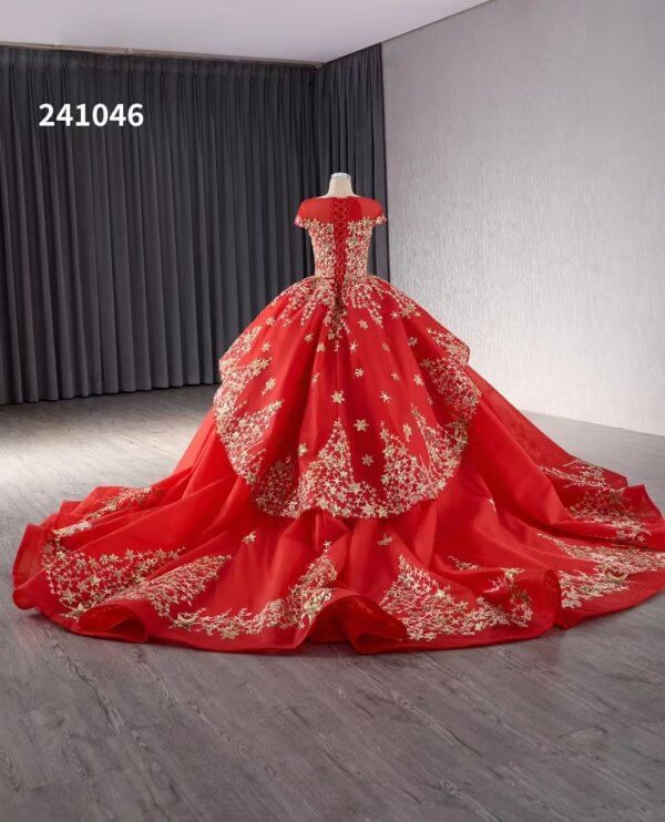 luxury model ball gown gold applique prom dress quinceanera dress 241046