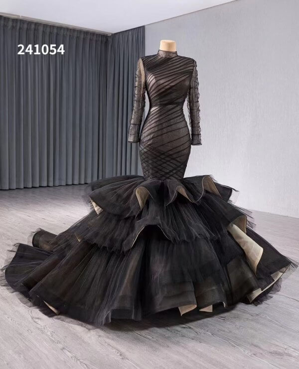 luxury model black tull tiered formal eveningdress 241054