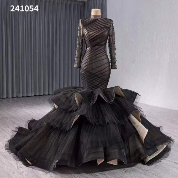 luxury model black tull tiered formal eveningdress 241054