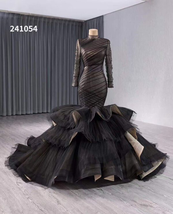 luxury model black tull tiered formal eveningdress 241054
