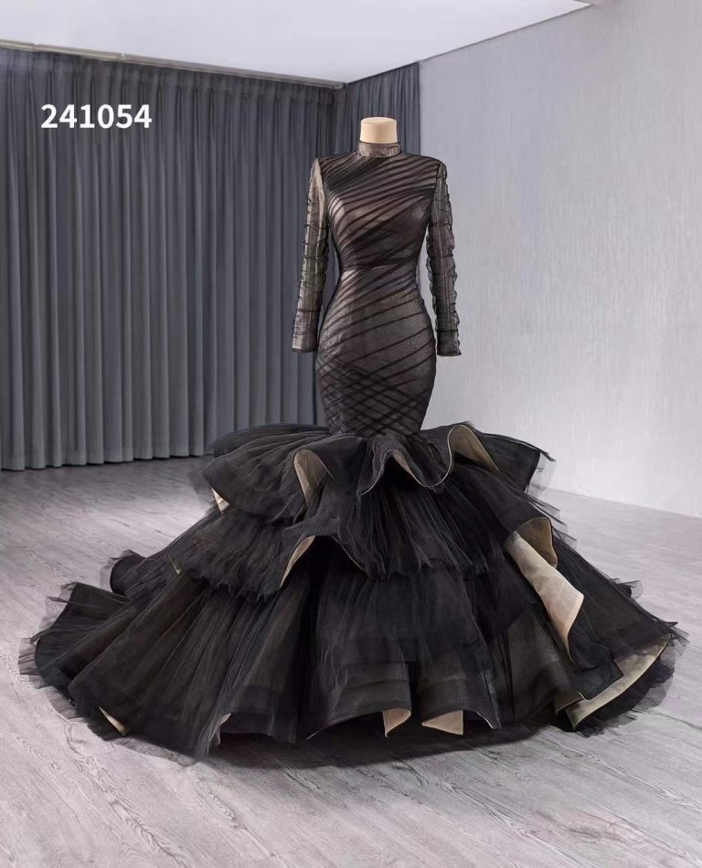 luxury model black tull tiered formal eveningdress 241054
