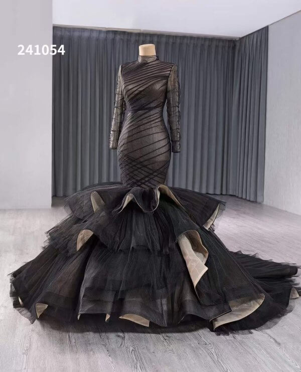 luxury model black tull tiered formal eveningdress 241054