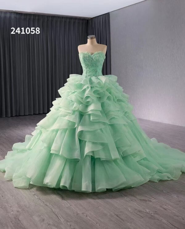luxury model light green tull tiered formal dress 241058