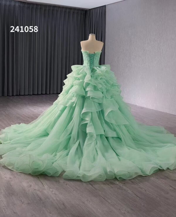 Luxury Model Light Green Tull Tiered Formal Dress 241058