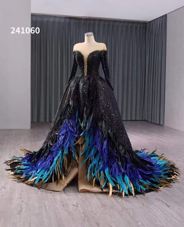 luxury model feather black formal evening dress 241060
