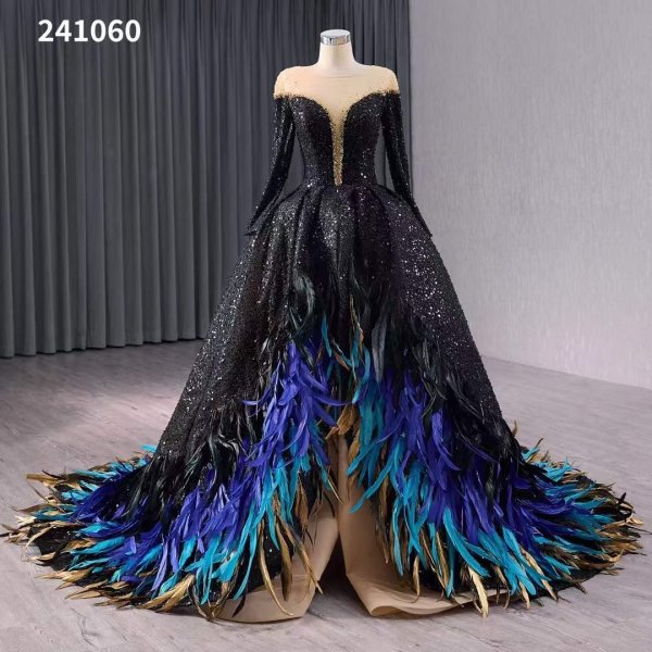 Luxury Model Feather Black Formal Evening Dress 241060