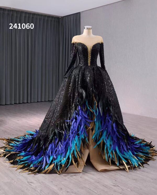 luxury model feather black formal evening dress 241060