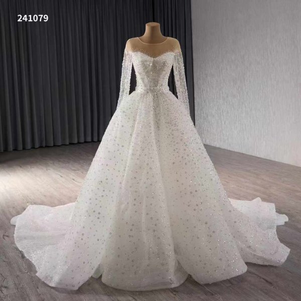 luxury model a line long sleeve sparkly wedding dress 241079