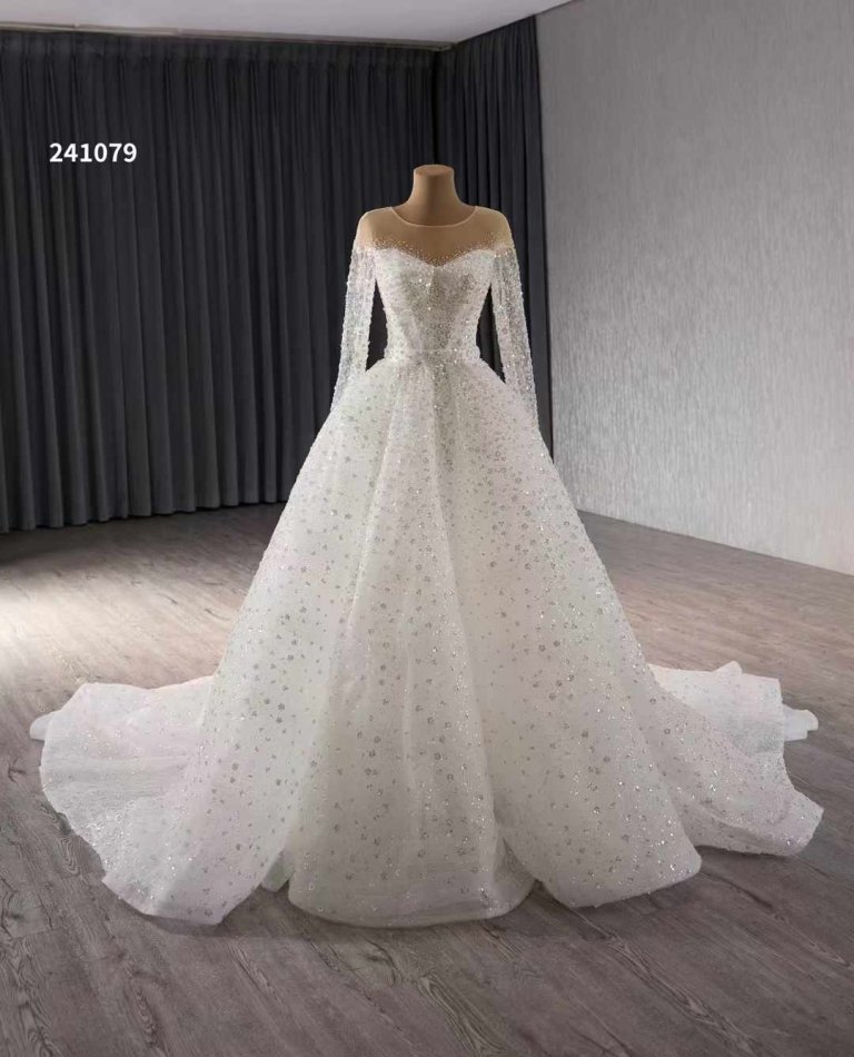 luxury model a line long sleeve sparkly wedding dress 241079