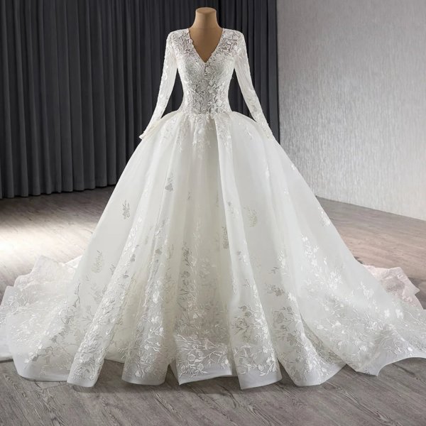 luxury model a line long sleeve v neck wedding dress 241085