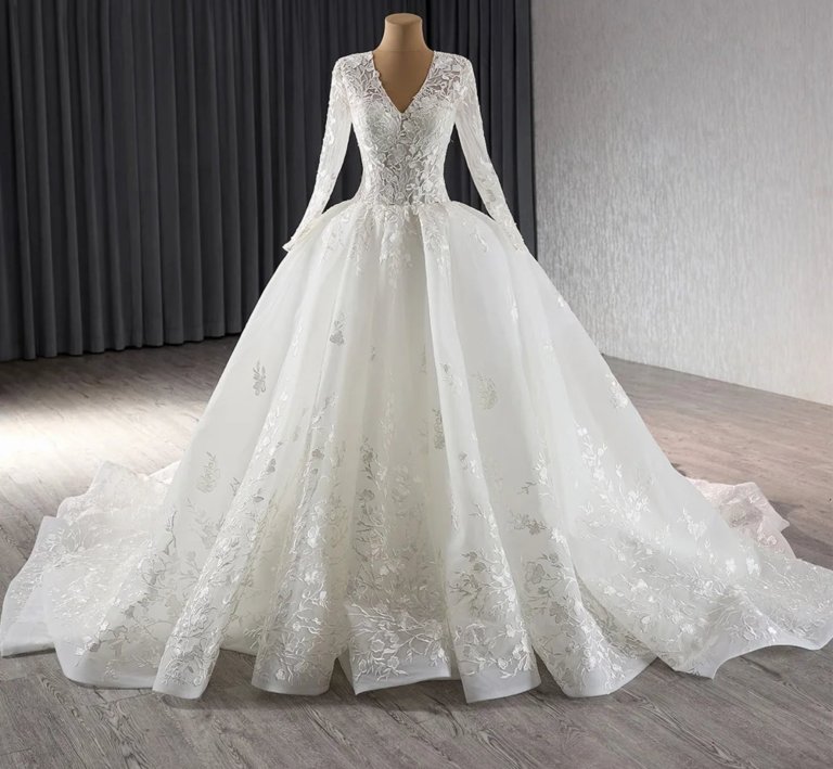 luxury model a line long sleeve v neck wedding dress 241085