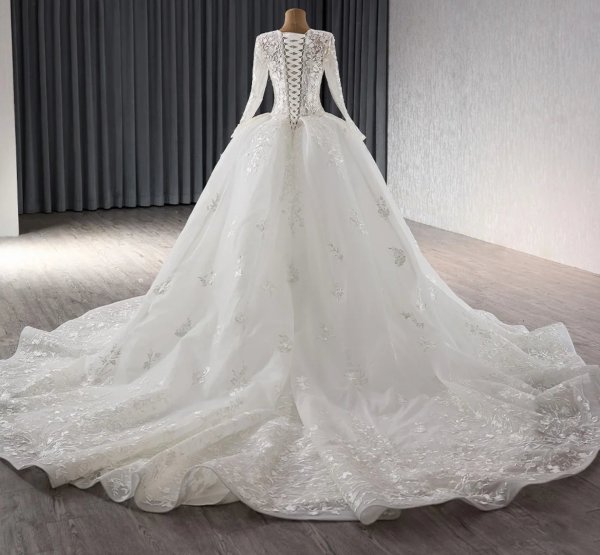 luxury model a line long sleeve v neck wedding dress 241085