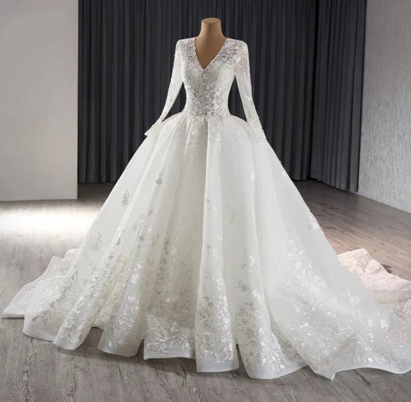 luxury model a line long sleeve v neck wedding dress 241085