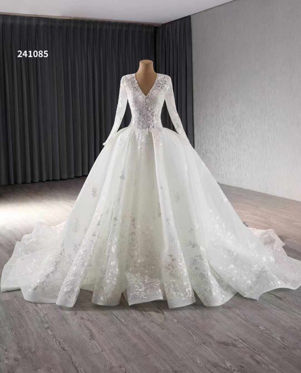 luxury model a line long sleeve v neck wedding dress 241085