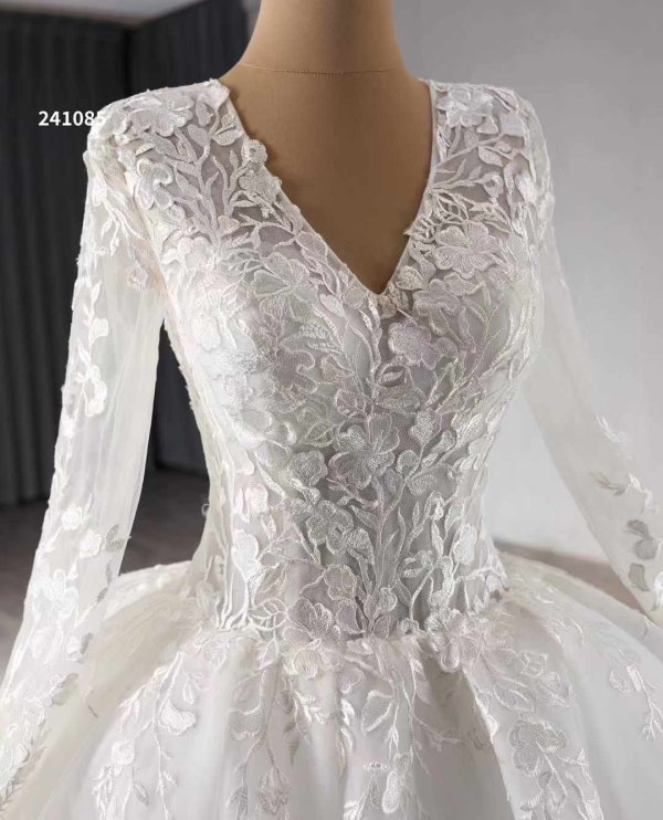 luxury model a line long sleeve v neck wedding dress 241085