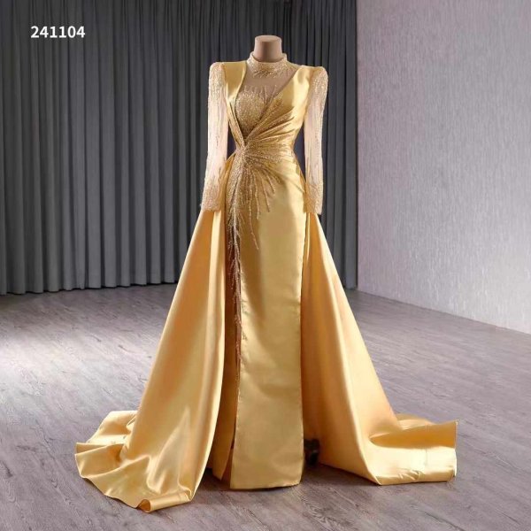 luxury model gold long sleeve flormal prom party gown dress 241104