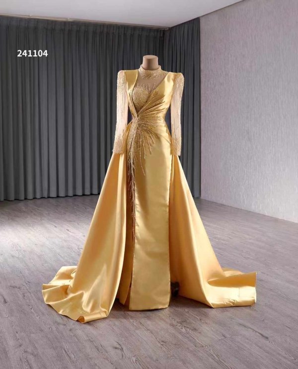 luxury model gold long sleeve flormal prom party gown dress 241104