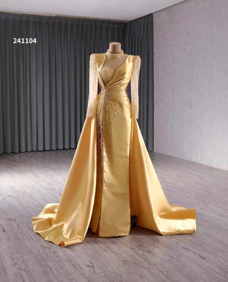 luxury model gold long sleeve flormal prom party gown dress 241104