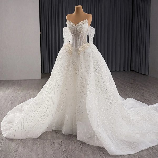 luxury model sexy long sleeve pearls wedding dress 241127