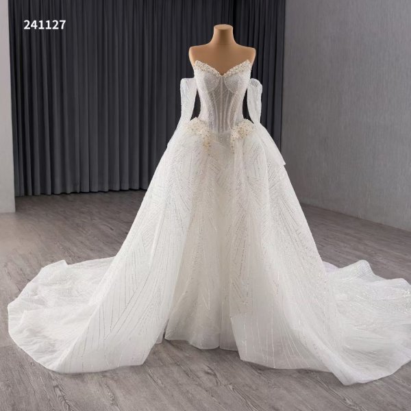 luxury model sexy long sleeve Pearls wedding dress 241127