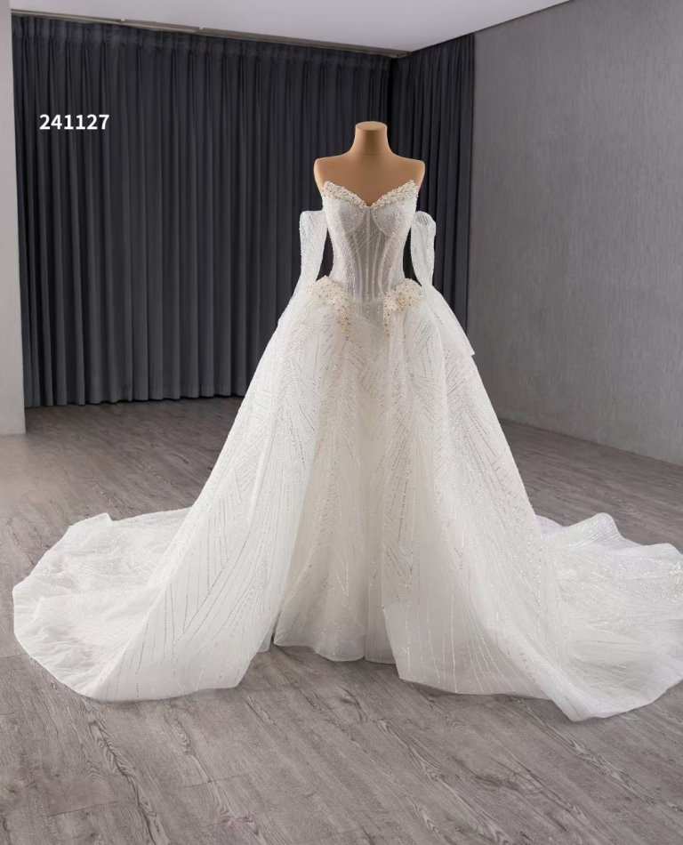 luxury model sexy long sleeve Pearls wedding dress 241127