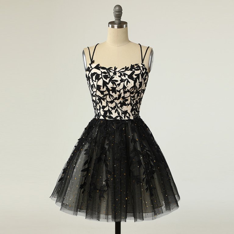 luxury model black tull applique homecoming dress 003