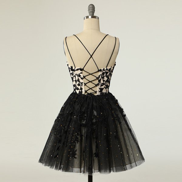 luxury model black tull applique homecoming dress 003