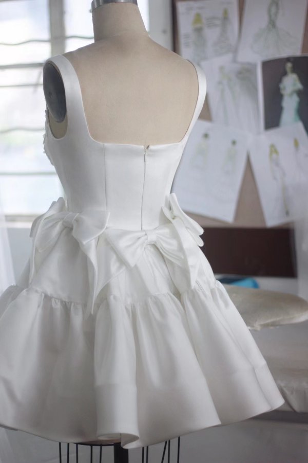 luxury model sexy short bow sleeveless wedding dress mo001