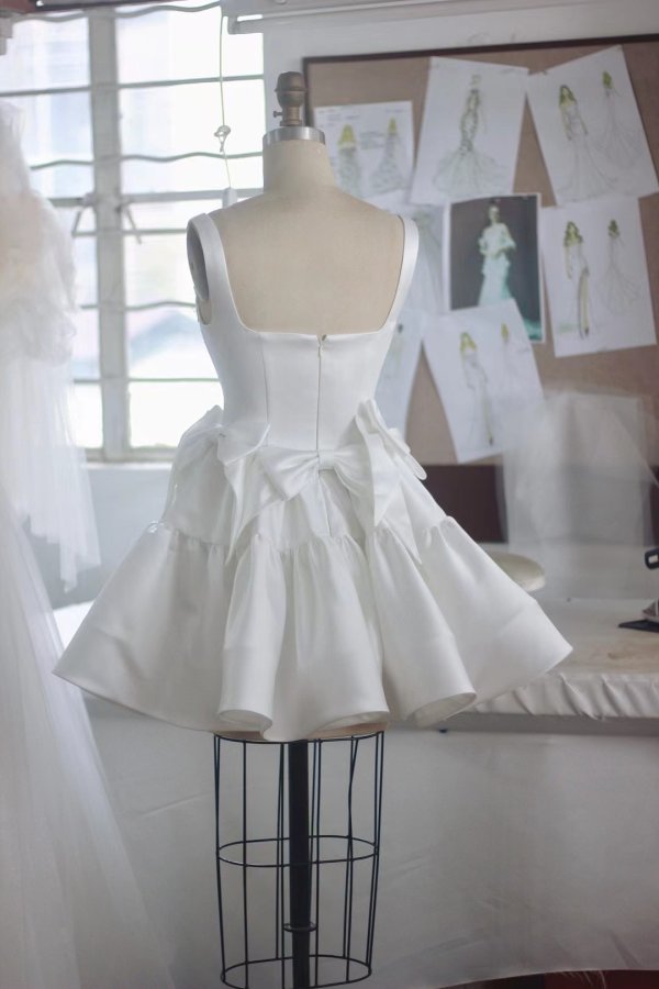 luxury model sexy short bow sleeveless wedding dress mo001