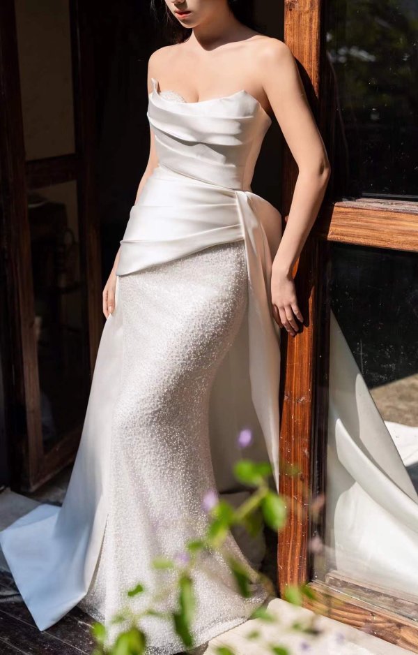 luxury model pleats long mermaid wedding dress mo0023