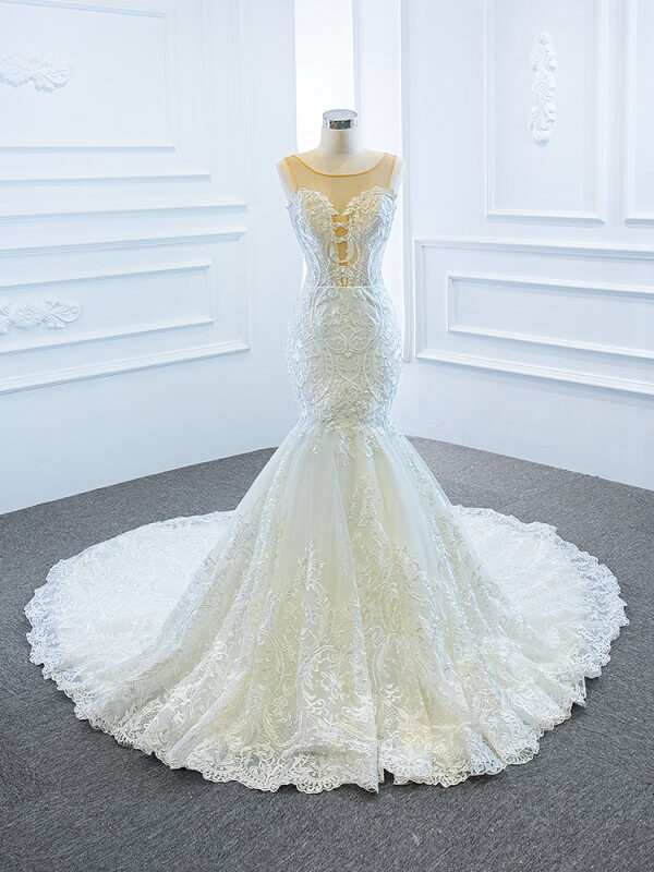 luxury model scoop neck sleeveless long mermaid wedding dress 66594