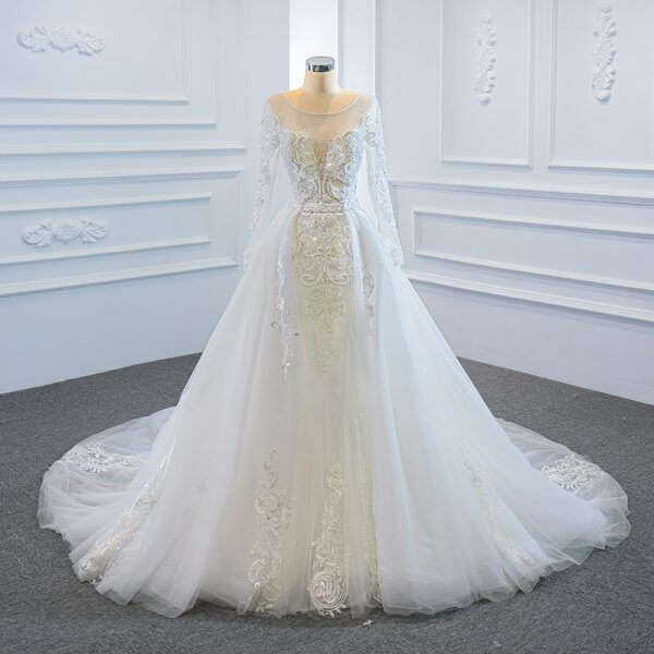 luxury model scoop neck long sleeve mermaid wedding dress 66624
