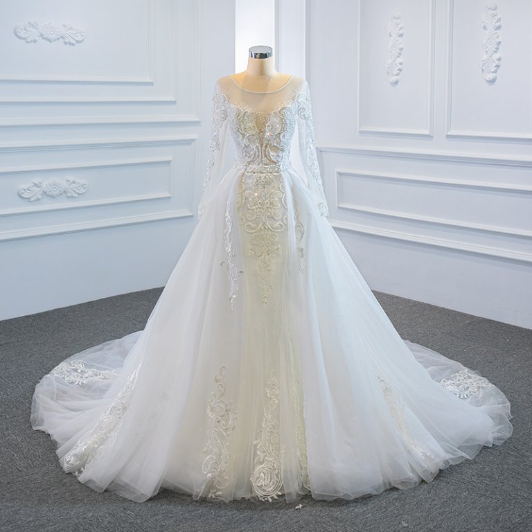 luxury model scoop neck long sleeve mermaid wedding dress 66624