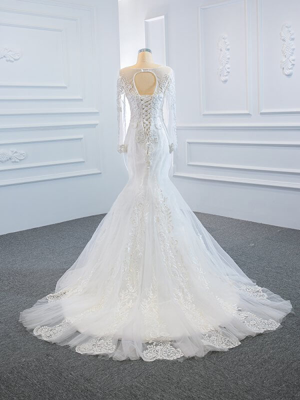 luxury model scoop neck long sleeve mermaid wedding dress 66624