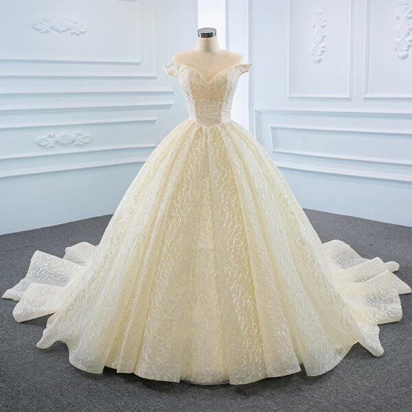 luxury model champange off the shoulder ball gown wedding dress 66670