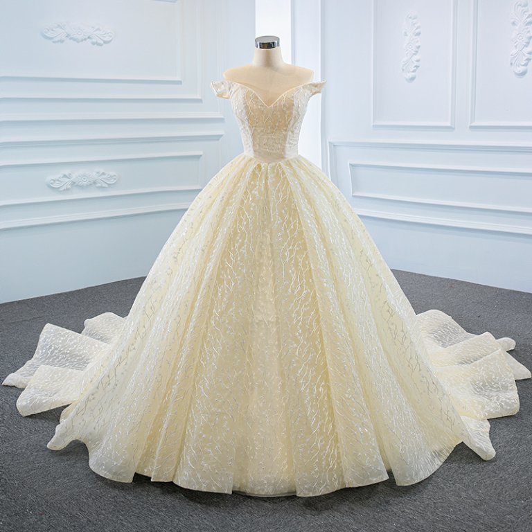 luxury model champange off the shoulder ball gown wedding dress 66670