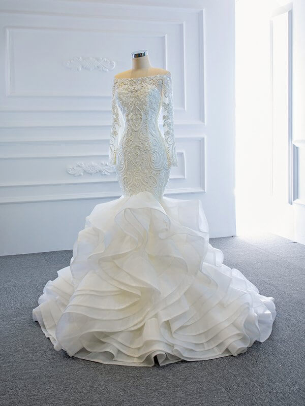 luxury model off the shoulder long sleeve mermaid wedding dress 66734