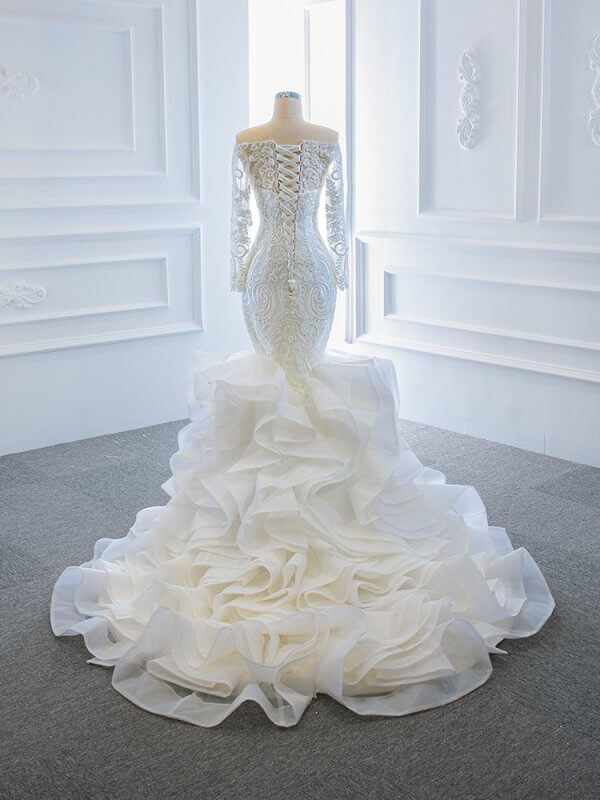luxury model off the shoulder long sleeve mermaid wedding dress 66734