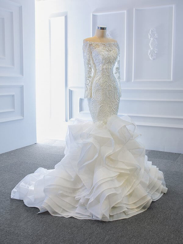 luxury model off the shoulder long sleeve mermaid wedding dress 66734