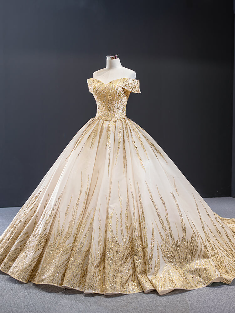 Luxury Model White Gold Long Ball Gown Wedding Dress 67013